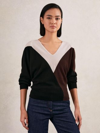 Reiss Black & burgundy & cream Wool-blend Colourblock Knit Jumper With Cashmere, XS