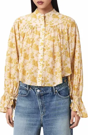 AllSaints Kara Fleurz Floral Button Front Shirt in Fleurz Yellow at Nordstrom, Size 12