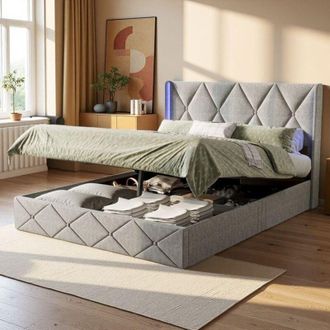 OEM Cama Doble 140x200 - Cofre Hidr&aacute;ulico - Led Rgb - M&aacute;ximo Almacenamiento - Dise&ntilde;o Techno-luxe Gris Helado