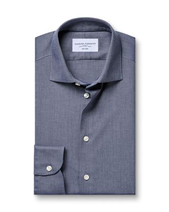 CHARLES TYRWHITT Non-Iron Cotton Linen Shirt - Navy Single Cuff Size 15.5/33 by Charles Tyrwhitt