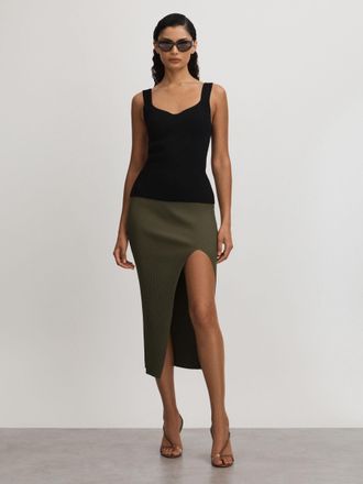 Good American Army Green Ribbed Midi Skirt, XL