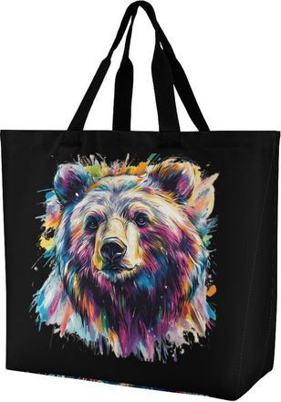 Generic Bear Colorful Drawing Reusable Shopping Bags One Shoulder Grocery Tote Bag Waterproof Big Purse for Work Travel