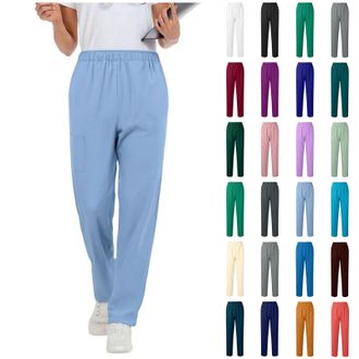 Generic Women Work Trousers Casual Loose Straight Leg Trouser Elasticated Waist Wide Leg Pull on Pants with Side Pocket Plain Soft Stretch Fall Ladies Pant Tr