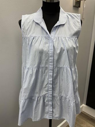 0039 Italy Striped Ruffled Blouse In Blue/white