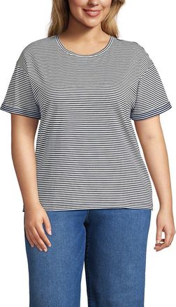 Lands End Oversized Supima Short Sleeve Crew Neck T-Shirt in Deep Sea/ivory Micro Stripe at Nordstrom, Size 3X
