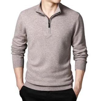 Generic Mens Wool Sweater Cashmere Zipper Jumpers Long Sleeve Knit Pullovers Sweater Khaki XXXL