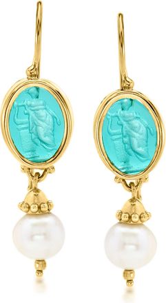 Ross-Simons Italian Tagliamonte Blue Venetian Glass Goddess Drop Earrings With 8mm Cultured Pearls in 18kt Gold Over Sterling