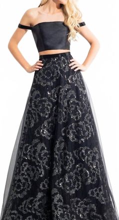 Rachel Allan Floral Sequin Two-Piece Gown In Black