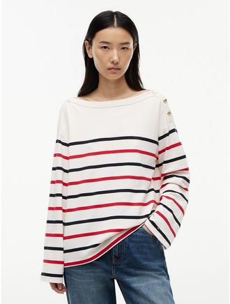 Tommy Hilfiger Womens Breton Stripe Cotton Interlock T-Shirt - Ivory Silk Multi - XL