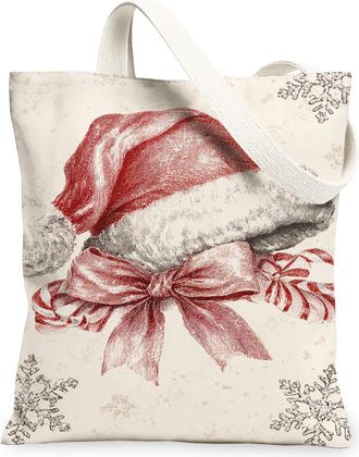Generic Christmas Santa Hat Canvas Tote Bags, Retro Holiday Design Lightweight Reusable Bags for Outdoor Travel Picnic, Red, 13x15 Inch