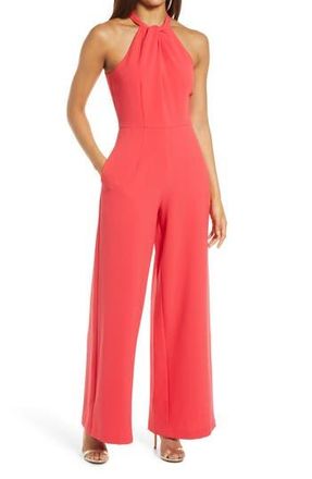 Julia Jordan Halter Neck Wide Leg Jumpsuit in Watermln at Nordstrom Rack, Size 10