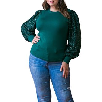 Flying Tomato Sequin Balloon Sleeve Sweater in Green at Nordstrom Rack, Size 3 X