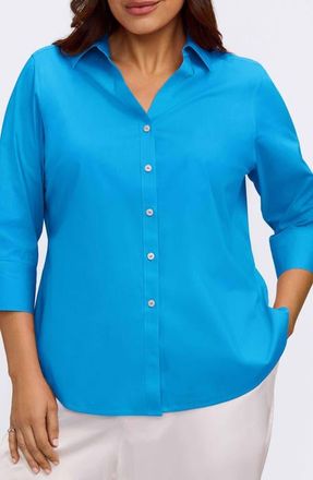 Foxcroft Mary Non-Iron Stretch Cotton Button-Up Shirt in Malibu Blue at Nordstrom, Size 16W