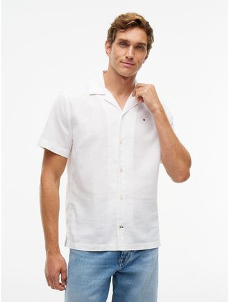 Tommy Hilfiger Mens Regular Fit Cotton-Linen Camp Shirt - Optic White - XXXL