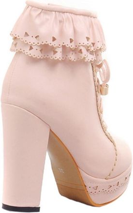 Vosarea Stylish Chunky Heel Ankle Boots for Women Four Seasons PU Short Boots with Lace-up Front Comfortable and Sole Elegant Pink Footwear for Party Office a