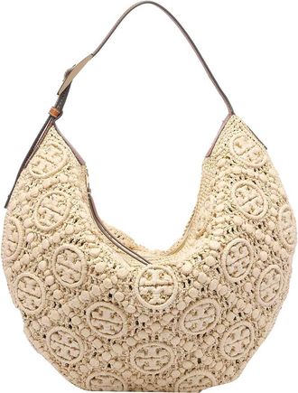 Tory Burch Natural Raffia T Monogram Balloon Bag