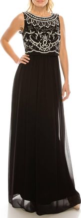 Adrianna Papell Sleeveless Popover Beaded Dress In Black Ivory