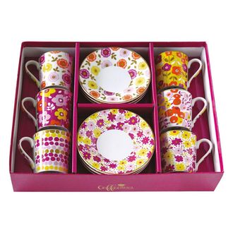 Easy Life Set of 6 porcelain coffee cups and saucers 100 ml in gift box FLOWER POWER YELLOW