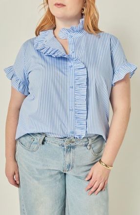 English Factory Striped Ruffle Shirt in Powder Blue at Nordstrom, Size 2X