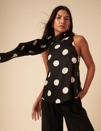 Nobody's Child Black Polka Dot Tie Neck Top