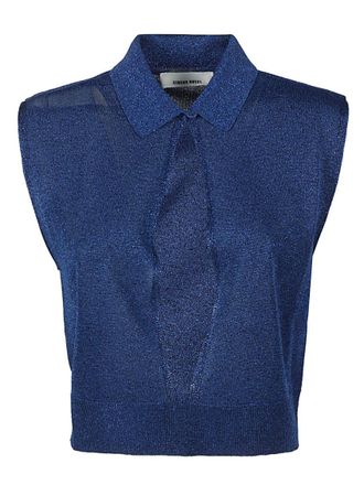 Circus Hotel Blue Solid Shirt Collar Top