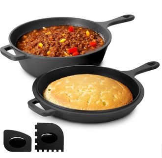 MegaChef 10.5 Inch 2-in-1 Pre-Seasoned Cast Iron Skillet and Fry Pan Set