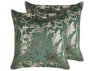 Beliani Set Di 2 Cuscini Decorativi In Velluto Con Stampa Floreale 45 X 45 Cm Verde Daffodil
