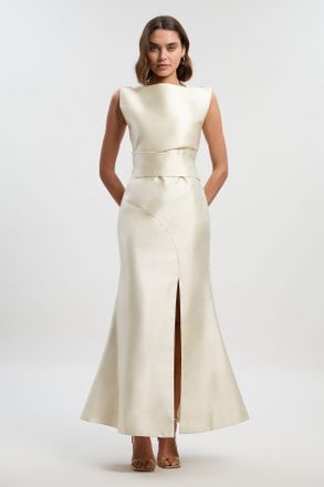 Karen Millen Womens Satin Twill Draped Waist Structured Tailored Maxi Dress - White - Size 14 UK