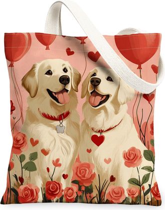Generic Valentines Day Maines Coon Cat Canvas Tote Bag for Shopping 13x15, Fun Couple Puppy Reusable Grocery Print Bag for Women, Lover Beach Aesthetic Painti