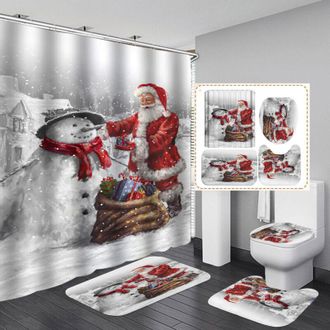 OEM Juego De Ba&ntilde;o Navide&ntilde;o De 4 Piezas: Cortina De Ducha Impermeable Con Dise&ntilde;o De Pap&aacute; Noel, Asiento De Inodoro, Alfombrilla Antideslizante, Alfombra Par