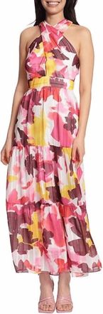 Maggy London Sleeveless Criss Cross Halter Neck Tiered Maxi Dress In Magenta Soft White