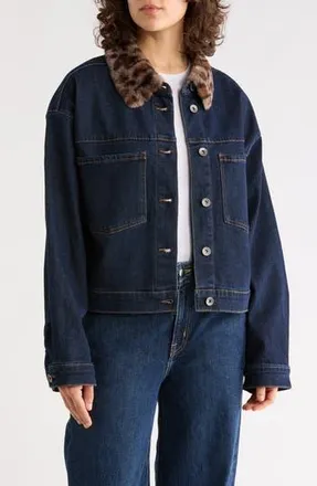 Sanctuary Faux Fur Collar Crop Denim Jacket in Blue Rinse at Nordstrom Rack, Size X-Small