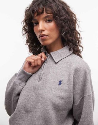 Polo Ralph Lauren Felpa comoda grigia con zip corta e logo-Grigio
