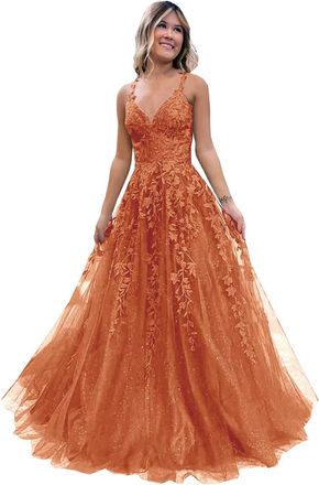 Generic Womens Lace Applique Prom Dresses Long Tulle Bridesmaid Dress A Line V Neck Formal Party Ball Gowns with Slit Orange S