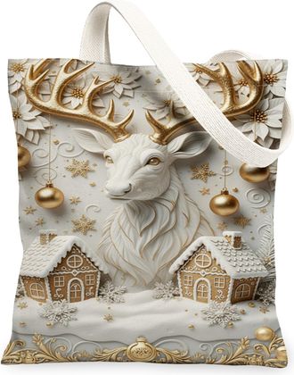 Generic Christmas Reindeer Canvas Tote Bags, Elegant Winter Animal Design Lightweight Washable Grocery Bags, Vintage Holiday Decor, White, 13x15 Inch