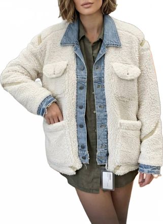 Greg Lauren Trucker Front Work Jacket In Blue Denim/cream
