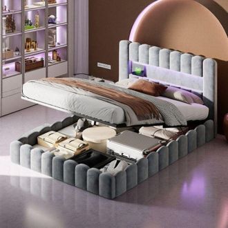 OEM Cama Cofre Doble 180x200 - Almacenamiento De Gran Capacidad - Dise&ntilde;o &Aacute;rbol - Led & Usb - Terciopelo Gris