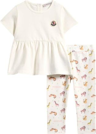Moncler Flounce Hem Knit Top & Print Leggings Set in White at Nordstrom, Size 12-18M