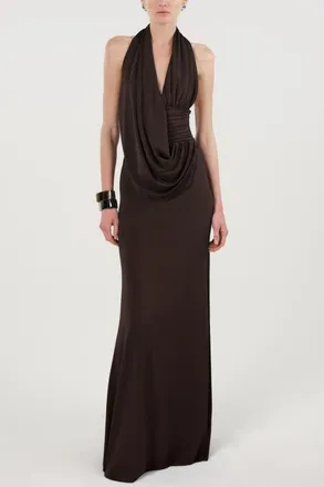 Nocturne Draped Halter Neck Maxi Dress in Brown at Nordstrom, Size X-Small