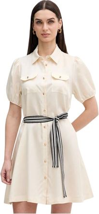 Gaud&igrave; Kleedjes, Dames, Beige, XS, Polyester, Jurk met Pofmouwen en Riem