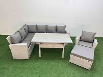 Fimous 8 Seater Rattan Garden Furniture Set Dining Table Chair Big Footstool in Light Grey