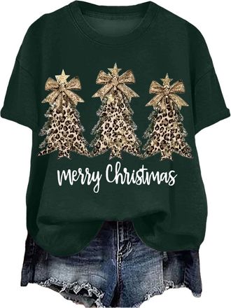Generic Christmas T Shirt for Womens Funny Festive Printed Blouse Loose Fit Comfortable Xmas Pullover Ladies Short Sleeve Tshirts Christmas Crew Neck Casual S