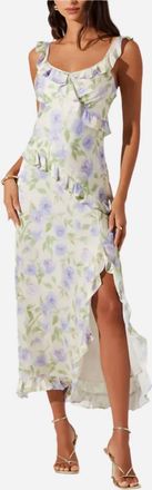 Astr Rosalina Satin Ruffle Midi Dress In Cream Lavender Floral