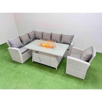 Fimous 7 Seat Rattan Garden Furniture Corner Sofa Set Outdoor Gas Fire Pit Table Sets with Armchair Light Grey - Fimous