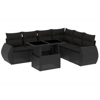 vidaXL Set De Sof&aacute;s De Jard&iacute;n 7 Pzas Con Cojines Rat&aacute;n Sint&eacute;tico Negro Vidaxl