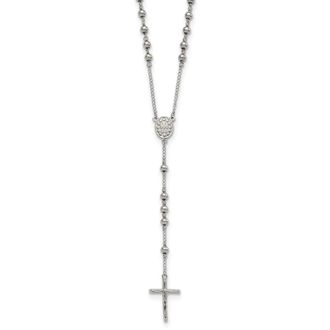 Diamond2Deal Stainless Steel Polished 6mm Beaded Rosary Cross Necklace 29.5