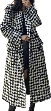 Generic Womens Houndstooth Trench Coat Notch Lapel Maxi Long Overcoat Double Breasted Peacoat (Black,L)