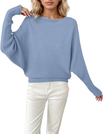 Generic Batwing Sleeve Jumpers for Women Boat Neck Off Shoulder Dolman Knitted Sweaters Ladies Pullovers Tops