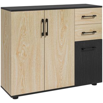 HOMCOM Homcom Aparador De 3 Puertas, Aparador De Sal&oacute;n Estrecho Con 2 Cajones, Armario De Cocina Con Estante Ajustable, 90x30x75,5 Cm, Natural Y Negro