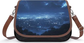 Generic Thunder Night City Womens Leather Crossbody Bags with Adjustable Strap Casual Printed Shoulder Handbag